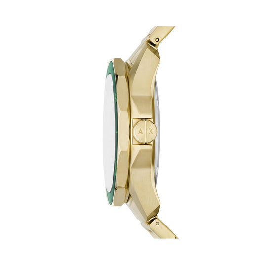 Side view of A|X ARMANI EXCHANGE Mod. SPENCER wristwatch with gold stainless steel case and strap, showing quartz movement.