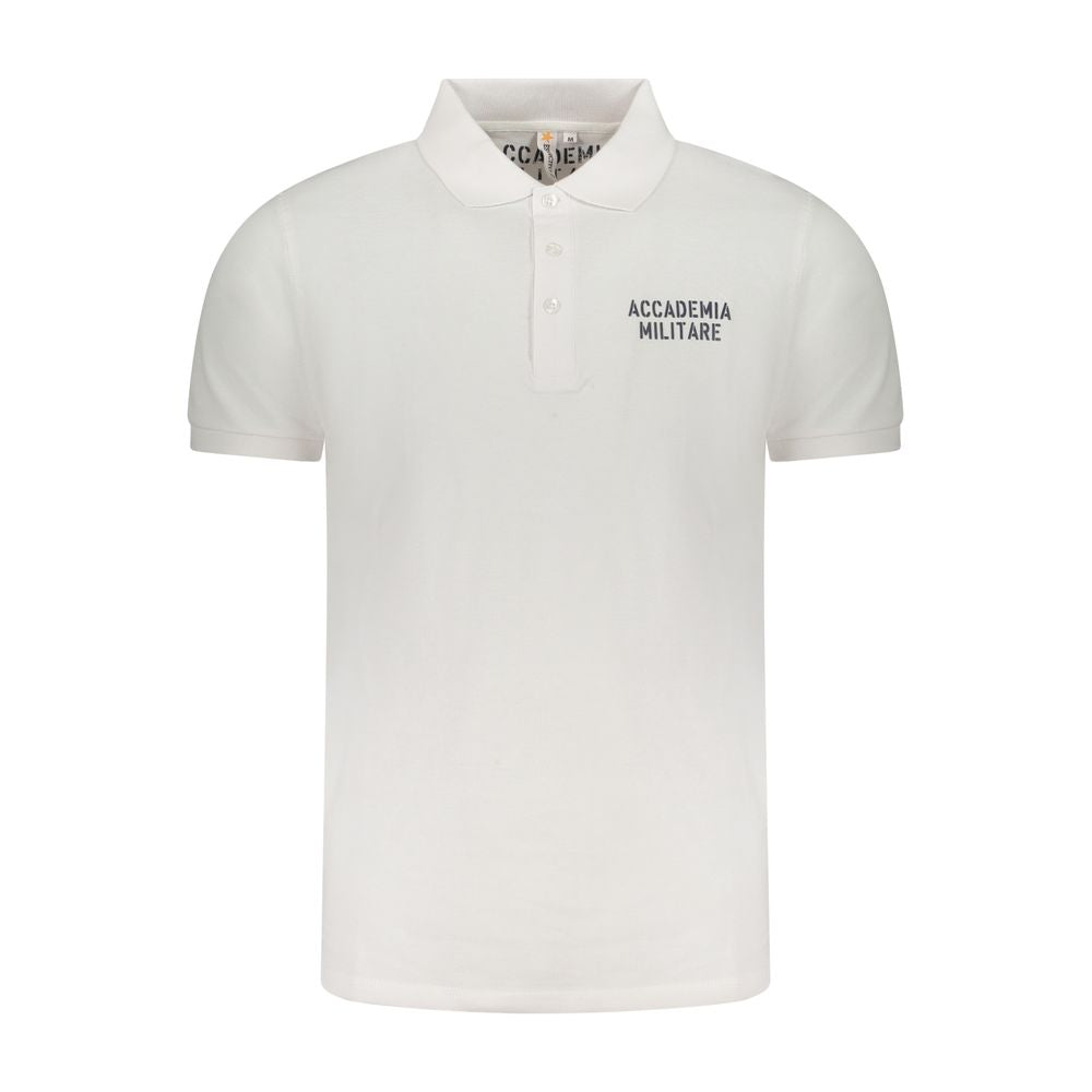 Accademia Militare White Cotton Polo Shirt with short sleeves, contrast details, and logo print, featuring a 3-button design.