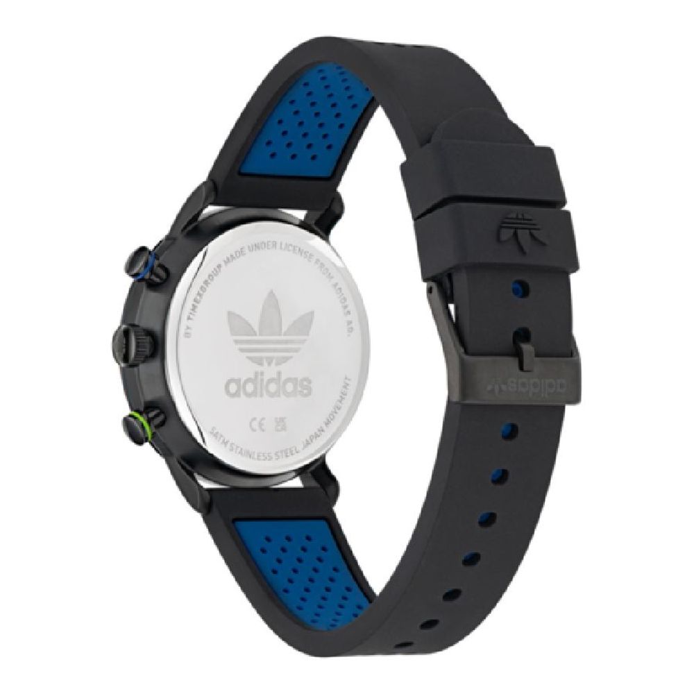 Back view of Adidas Black Synthetic Sport Watch with black silicone strap and stainless steel case
