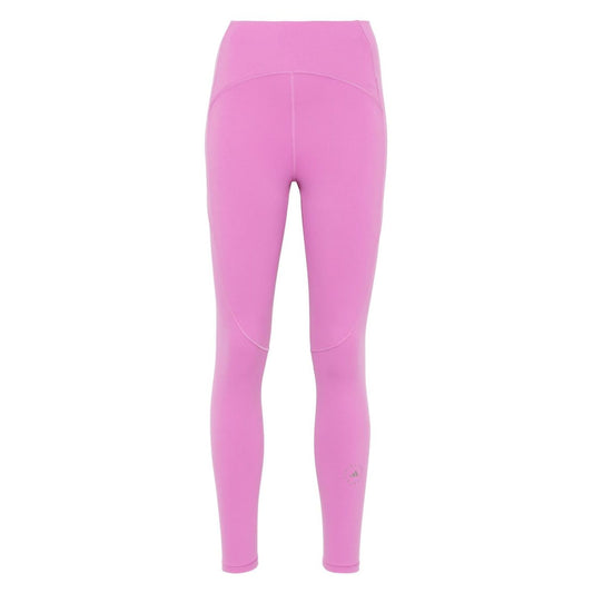 Adidas By Stella McCartney Trousers Purple with fuchsia pink elastic waistband and logo print, 7/8 leggings, back view.