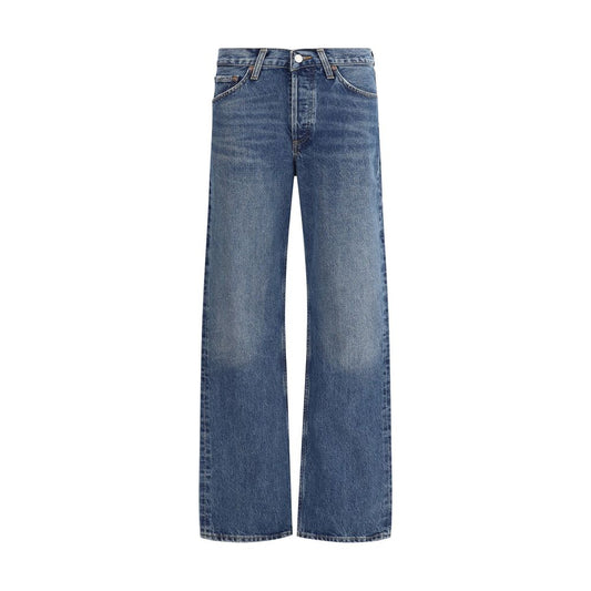 Agolde Blue Cotton Straight-Leg Jeans with V-front and five-pocket style, featuring belt loops and regular fit for versatile wear.
