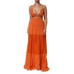 Alberta Ferretti Orange Lace Bustier Layered Maxi Dress featuring lace details and plunging neckline, front view.