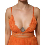 Alberta Ferretti Orange Lace Bustier Layered Maxi Dress with plunging neckline and lace detailing, front view close-up.
