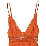 Alberta Ferretti Orange Lace Bustier Layered Maxi Dress with lace detailing and plunging neckline, showing top part with straps.
