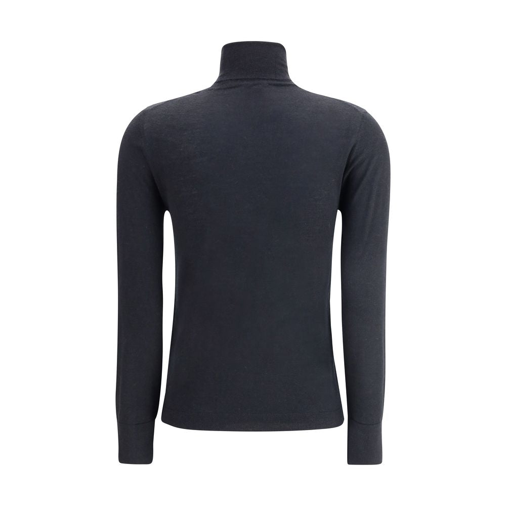 Allude Black Cashmere Turtleneck featuring ribbed collar, hem, and cuffs in gray mélange pattern. Perfect for casual and sophisticated looks.