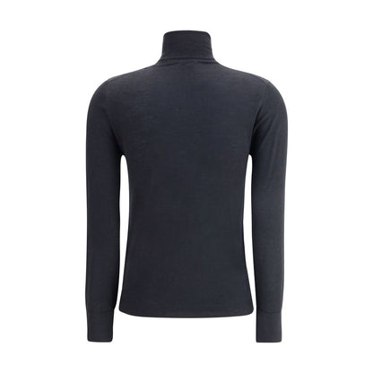 Allude Black Cashmere Turtleneck featuring ribbed collar, hem, and cuffs in gray mélange pattern. Perfect for casual and sophisticated looks.
