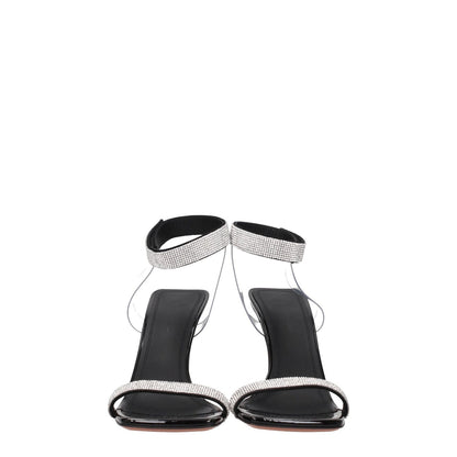 Amina Muaddi Black Crystals Stiletto Heel Sandals with suede straps and rhinestones, open toe design, 9.5 cm heel, leather sole.