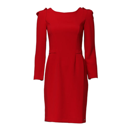Armani Exchange Red Above Knee Long Sleeves Sheath Dress with zipper closure and logo, made in Italy. Minor defects visible.