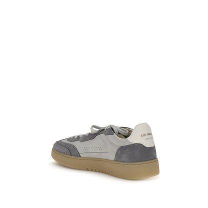 Axel Arigato Gray Leather Low Top Sneakers with suede accents, rear view showcasing flat sole and lace-up closure.