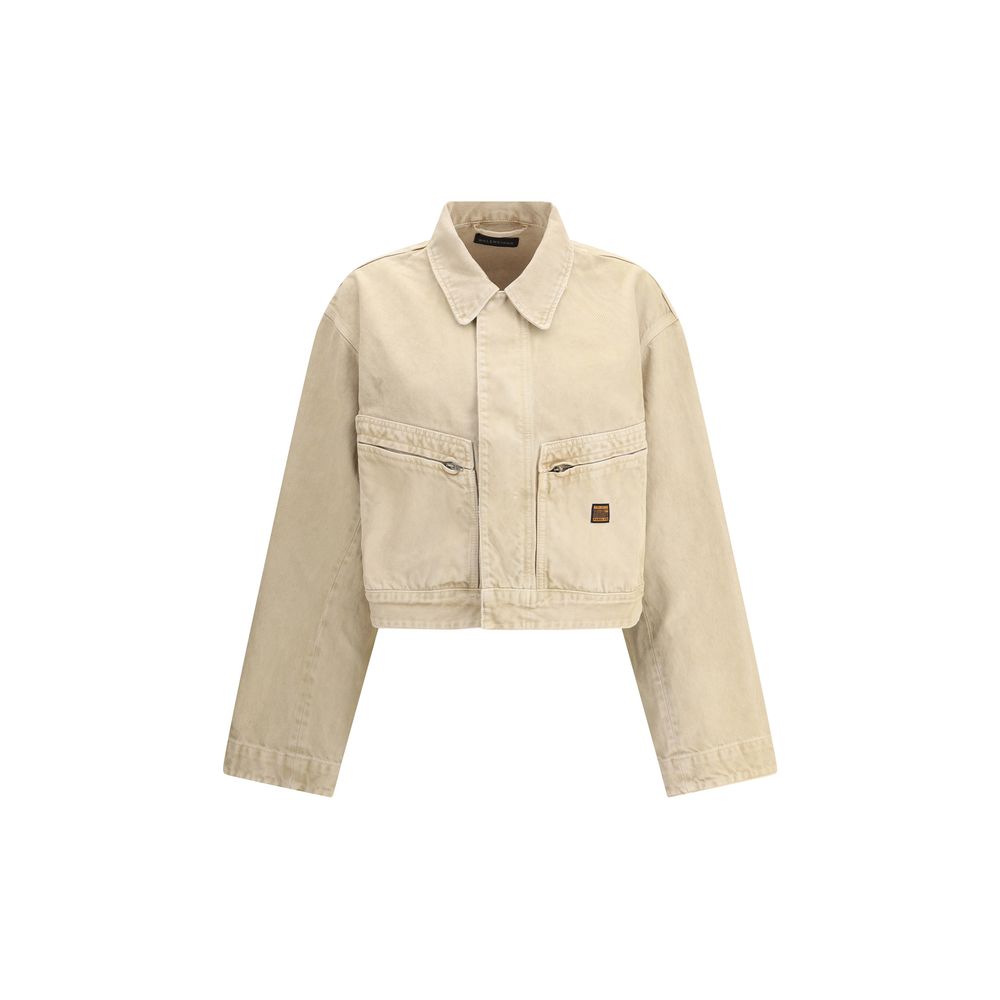 Balenciaga Beige Cotton Denim Jacket with classic collar, zipper front, and patch pockets. Ideal for a modern workwear style.