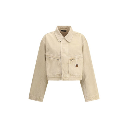 Balenciaga Beige Cotton Denim Jacket with classic collar, zipper front, and patch pockets. Ideal for a modern workwear style.