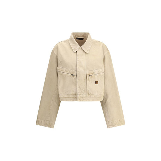 Balenciaga Beige Cotton Denim Jacket with classic collar, zipper front, and patch pockets. Ideal for a modern workwear style.