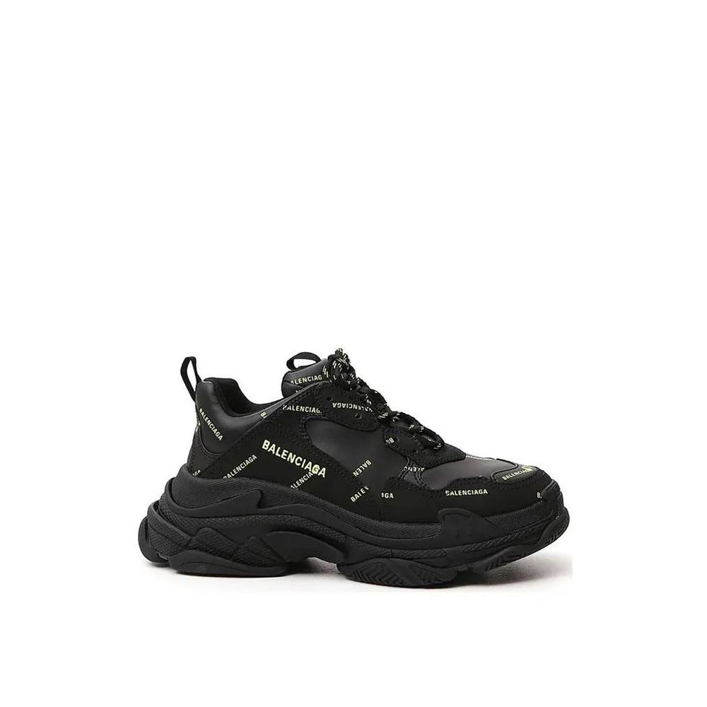 Balenciaga Black Calfskin Chunky Sneakers with all-over logo detail, round toe, and front lace-up closure, made in Italy for men.
