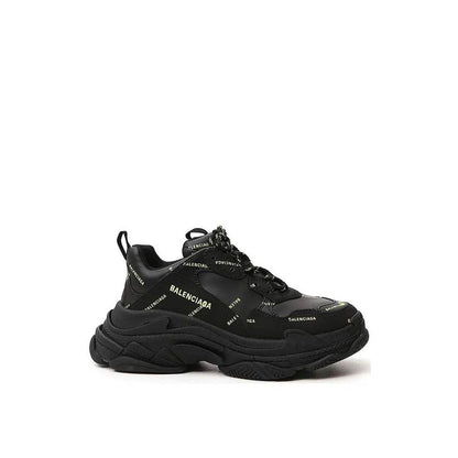Balenciaga Black Calfskin Chunky Sneakers with all-over logo detail, round toe, and front lace-up closure, made in Italy for men.