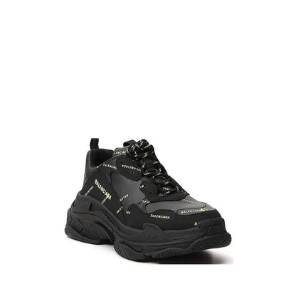 Balenciaga Black Calfskin Chunky Sneakers with logo detail, round toe, and lace-up closure. Made of calf leather, rubber sole. For men.