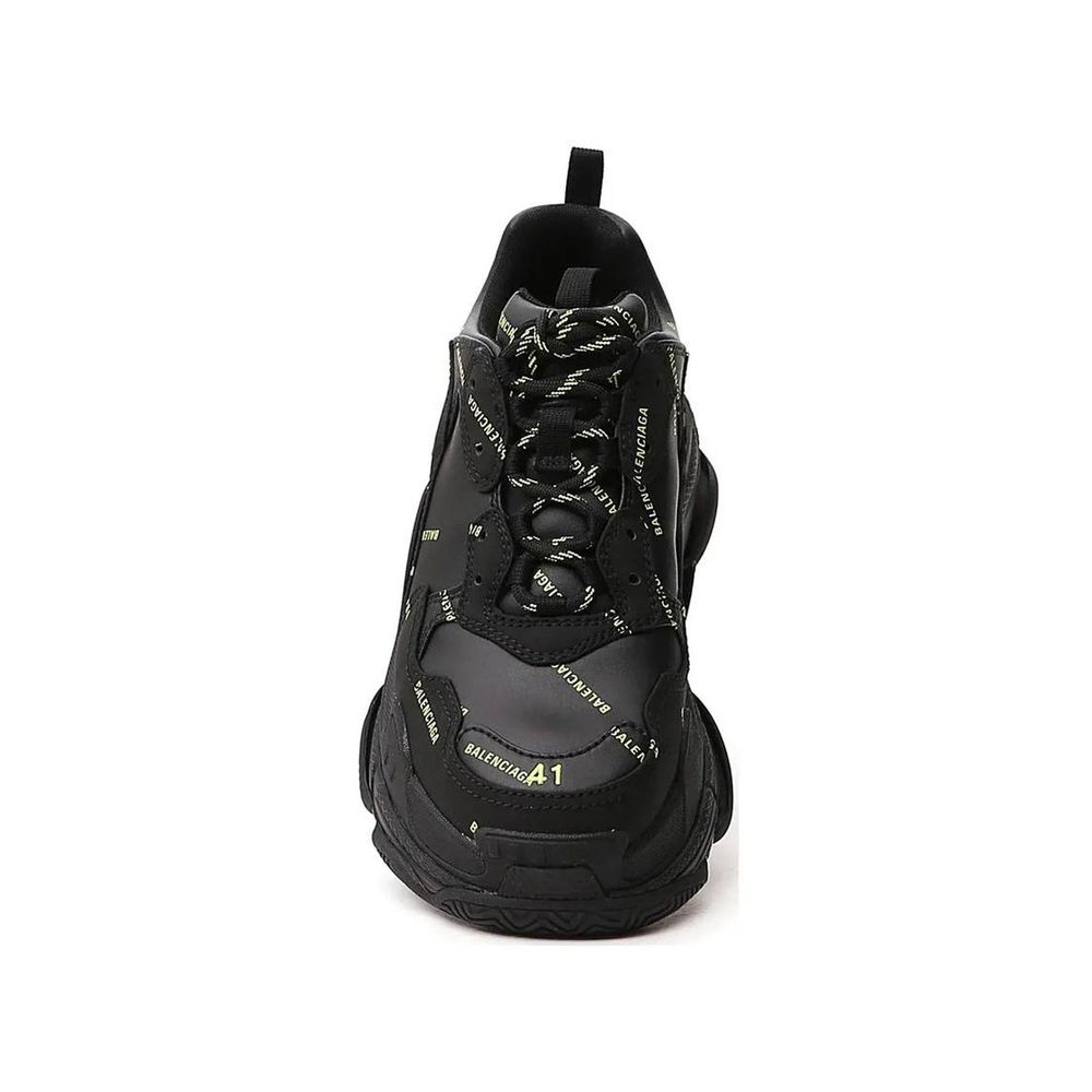 Balenciaga Black Calfskin Chunky Sneakers with round toe and front lace-up closure, featuring all-over logo detail, rubber sole, men's footwear.
