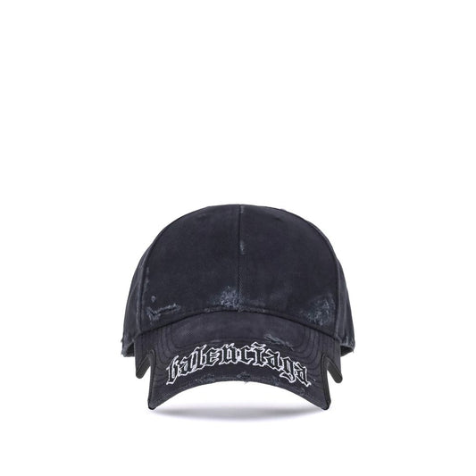 Front view of Balenciaga Black Cotton Cap (Baseball Hat) featuring Blackletter Script embroidery and adjustable closure.