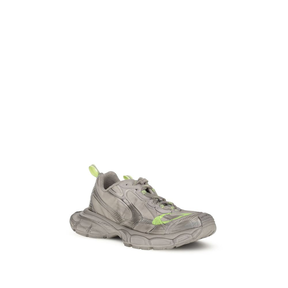 Balenciaga Gray Polyester Athletic Sneakers with oversized design, mesh and polyurethane detail in taupe and neon yellow.