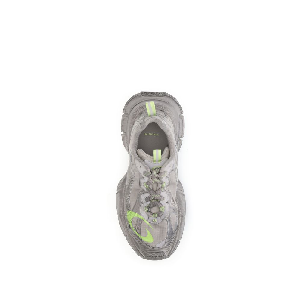 Balenciaga Gray Polyester Athletic Sneakers with taupe and neon yellow mesh, logo on toe, and reflective details.