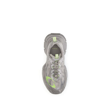 Balenciaga Gray Polyester Athletic Sneakers with taupe and neon yellow mesh, logo on toe, and reflective details.