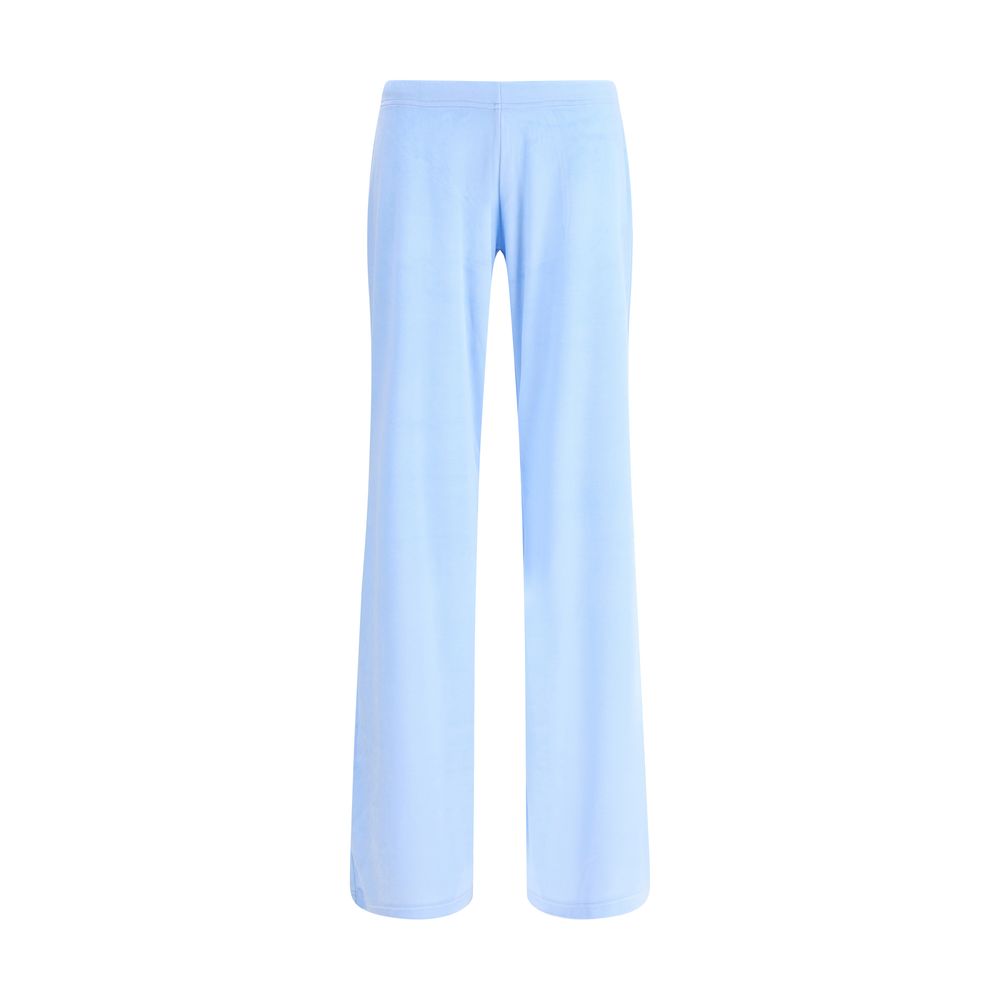 Balenciaga Light Blue Triacetate Casual Pants with a low elastic waist and flared leg, made of bistretch velvet for comfort and style.