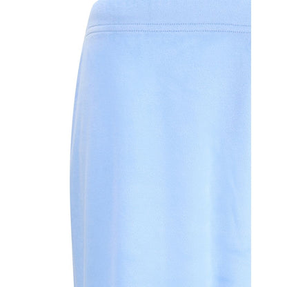 Close-up of Balenciaga Light Blue Triacetate Casual Pants, featuring bistretch velvet and elasticated waist, designed for comfort and style.