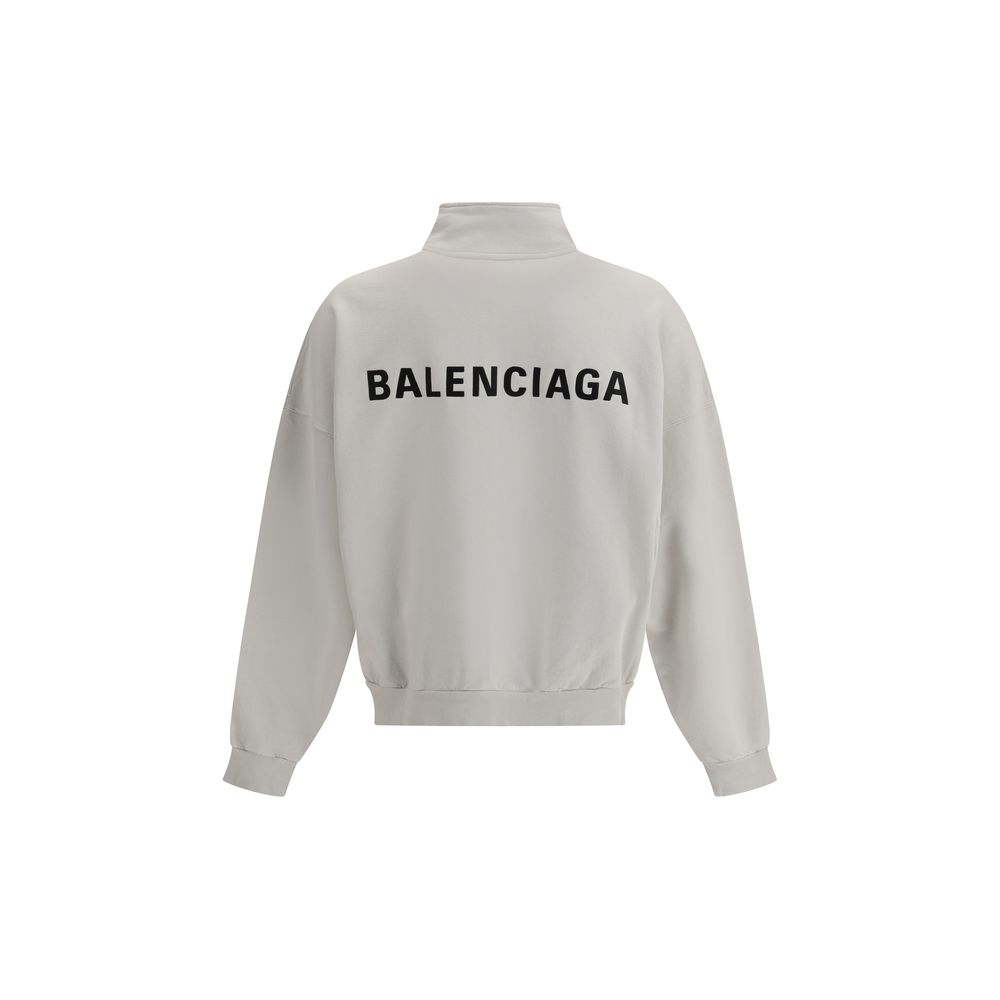 Balenciaga White Cotton Sweatshirt with logo and worn effect, showcasing casual patch pockets and detailed finishes.