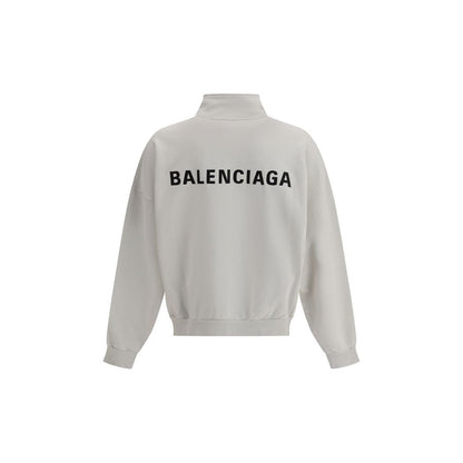 Balenciaga White Cotton Sweatshirt with logo and worn effect, showcasing casual patch pockets and detailed finishes.