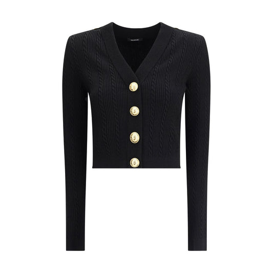 Balmain Black Viscose Cardigan with ribbed design and iconic embossed buttons, featuring a V-neckline and structured shoulders for AW25 season.