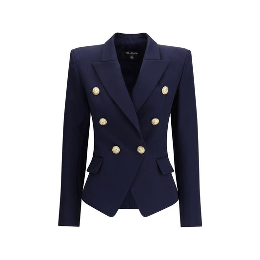 Balmain Blue Fleece Wool Blazer with gold embossed buttons, peak lapels, and structured shoulders.