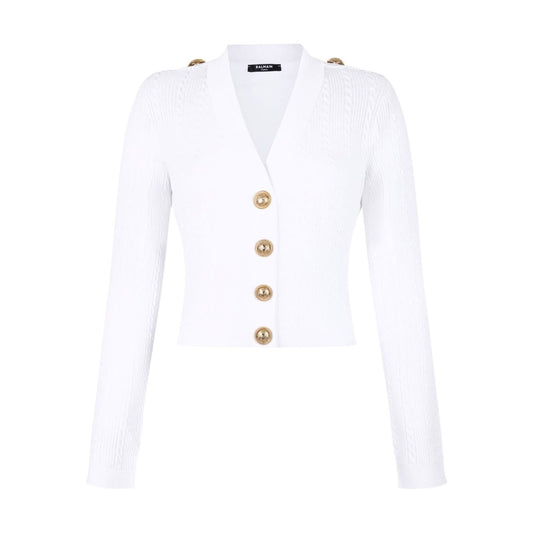 Balmain Button-Trim Cable-Knit Cardigan in white with ribbed knit, V-neck, long sleeves, gold button details.