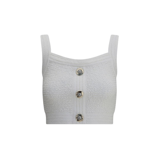 Balmain White Polyamide Top featuring a square neckline, thick straps, and embossed buttons in iconic tweed. Slim fit for AW25 season.