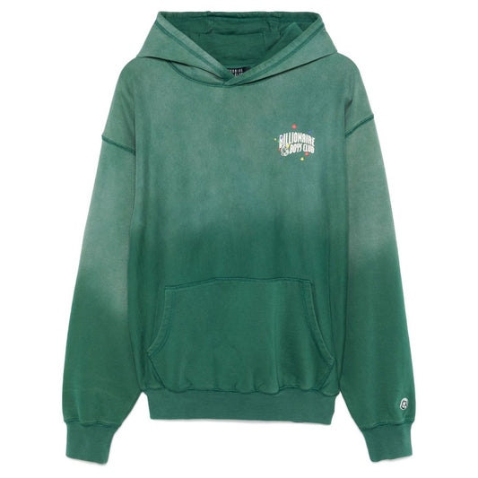 Billionaire Sweaters Green oversized hoodie with front pouch pocket and logo patch, ribbed cuffs and hem, model height 6ft 1in.