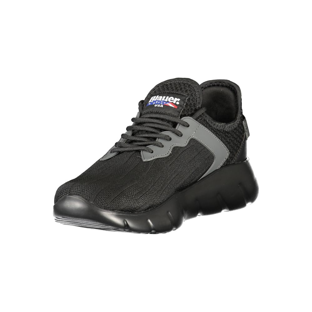 Blauer Black Polyester Men Sneaker with bold print and contrasting details, showcasing the Blauer logo, design in polyester and polyethylene.