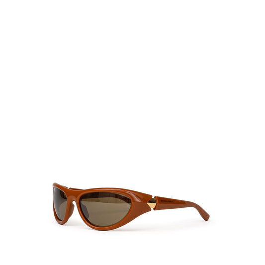 Bottega Veneta Brown Acetate Sunglass with sporty frame, dark lenses, and gold temple details.
