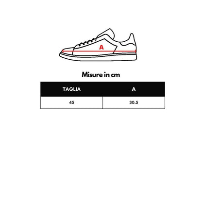 Shoe size chart with illustration, size 45 with 30.5 cm measurement, and labeled 'A'.
