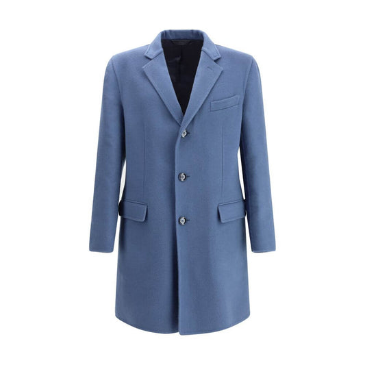 Brioni Light Blue Wool Coat with classic lapel and front button closure, featuring elegant design and impeccable fit, made from wool and Kashmir.