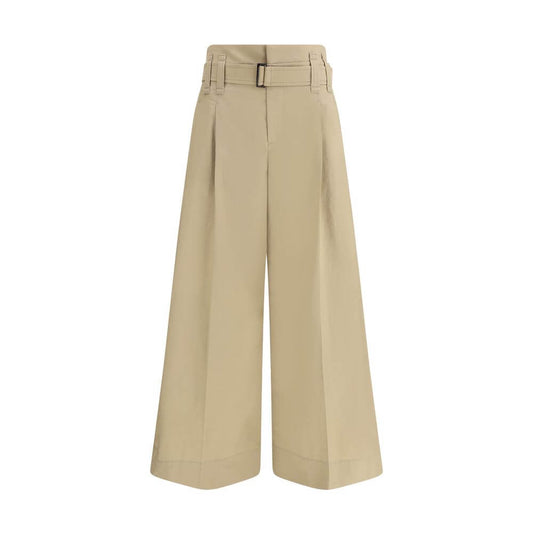 Brunello Cucinelli Beige Cotton Cropped Pants featuring pleated techno cotton twill in a boxy silhouette with a draw belt and double dart.