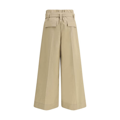 Brunello Cucinelli Beige Cotton Cropped Pants with pleated, wide-leg design, featuring a draw belt and double dart for tailored elegance.