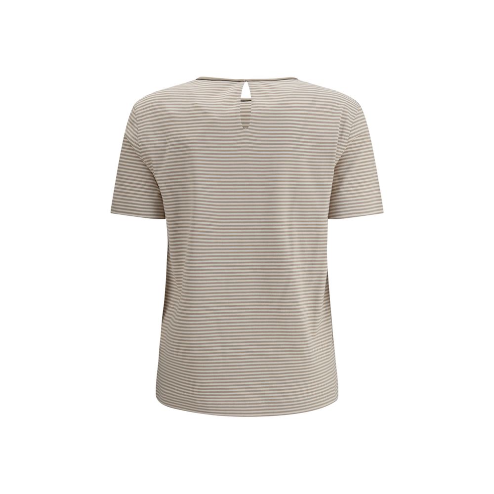 Back view of Brunello Cucinelli Beige Cotton T-Shirt with striped pattern and buttoned drop opening at neck, AW25 collection.