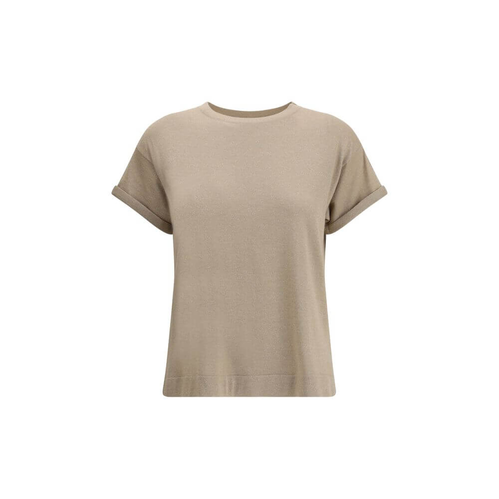 Brunello Cucinelli Beige Nylon T-Shirt with ribbed crew neck, luxury cashmere blend, glitter effect, and monochrome design for AW25 season.