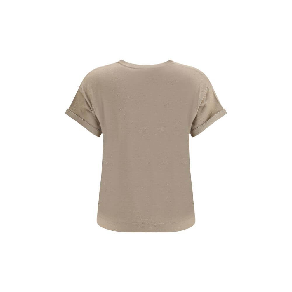Back view of Brunello Cucinelli Beige Nylon T-Shirt with ribbed crew neck and elegant design for AW25 season.