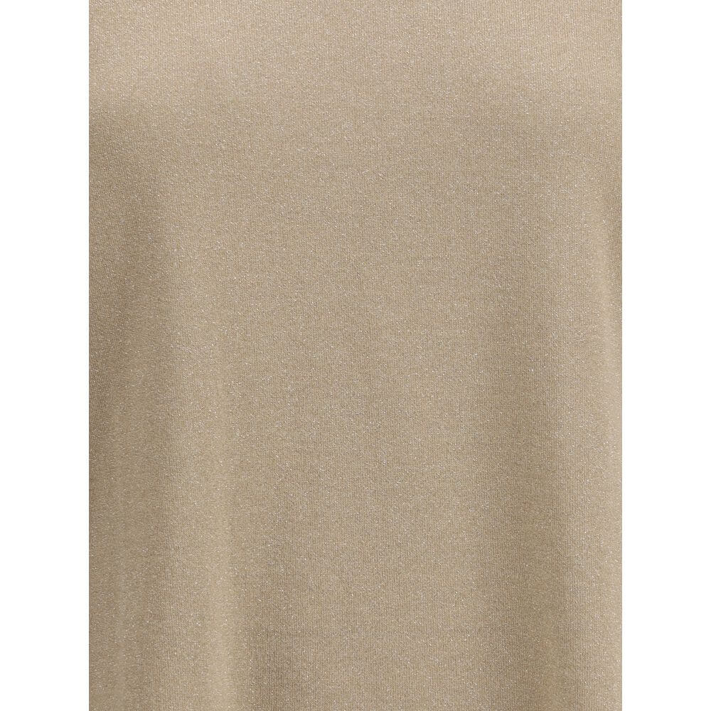 Brunello Cucinelli Beige Nylon T-Shirt with cashmere blend, featuring a ribbed crew neck and glitter effect for luxury style.