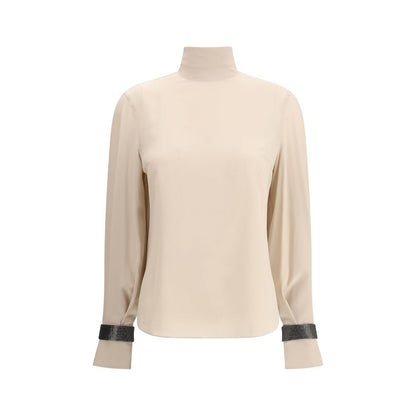 Brunello Cucinelli Beige Silk Blouse with high neck and jeweled decoration, elegant piece for refined and feminine looks.
