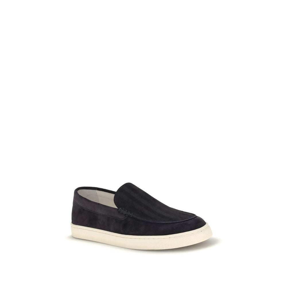 Brunello Cucinelli Black Calf Leather Bos Taurus Sneakers slip-on with suede, rounded toe, logo-embossed insole, rubber sole.