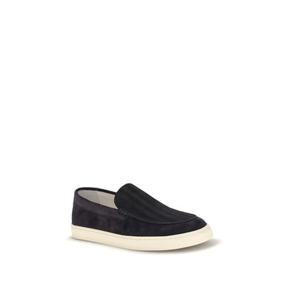 Brunello Cucinelli Black Calf Leather Bos Taurus Sneakers slip-on with suede, rounded toe, logo-embossed insole, rubber sole.