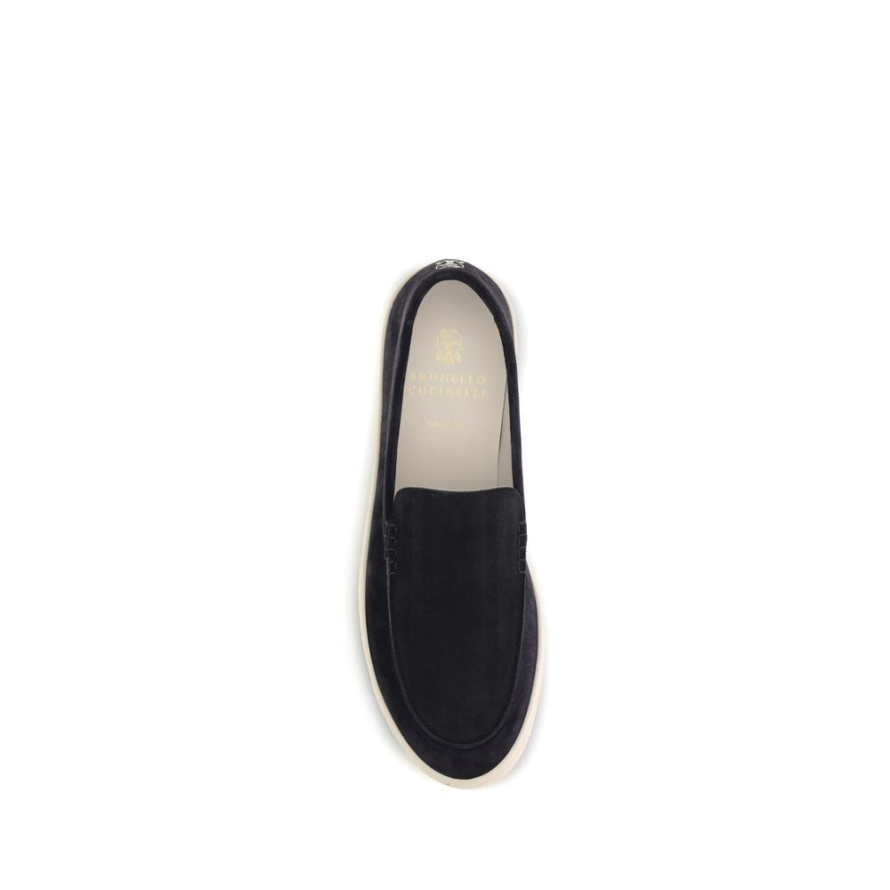 Brunello Cucinelli Black Calf Leather Bos Taurus Sneakers, top view of slip-on suede leather sneaker, rounded toe, logo-embossed insole.