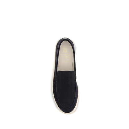 Brunello Cucinelli Black Calf Leather Bos Taurus Sneakers, top view of slip-on suede leather sneaker, rounded toe, logo-embossed insole.