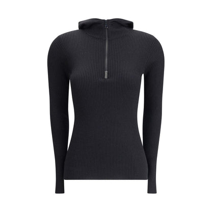 Brunello Cucinelli Black Cashmere Sweatshirt with ribbed knit, hood, and front zipper, showcasing a casual-chic and refined style.