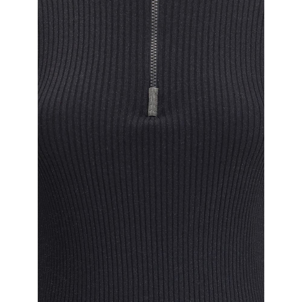 Close-up of Brunello Cucinelli Black Cashmere Sweatshirt with ribbed knit texture and zipper detail.